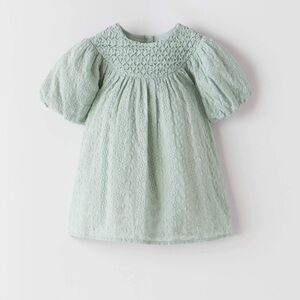 Zara Smocked Embroidered Puff Sleeve Dress